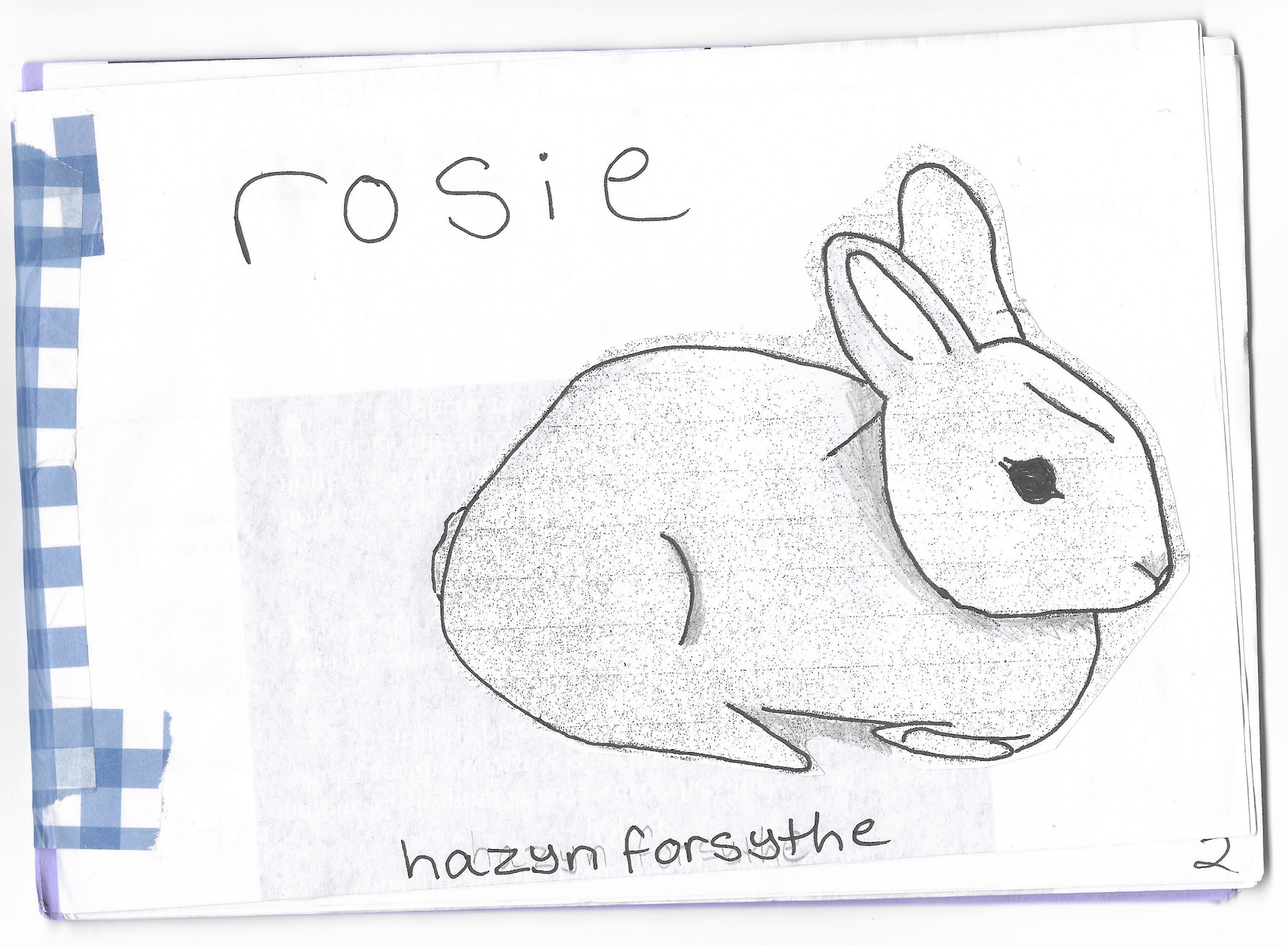 cover of ‘rosie’ by hazyn forsythe: a hand-drawn rabbit on reclaimed paper, bound with blue gingham tape, the title ‘rosie’ written in soft lowercase handwriting.