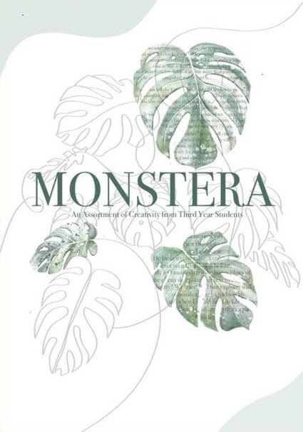 cover for monstera anthology: layered monstera leaves with collage text and fine line illustration.