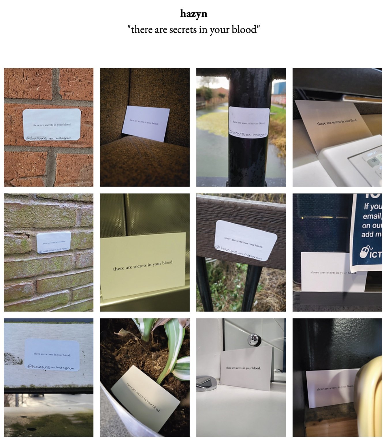 collage of photos showing printed cards and stickers with the phrase ‘there are secrets in your blood’ placed in everyday locations.